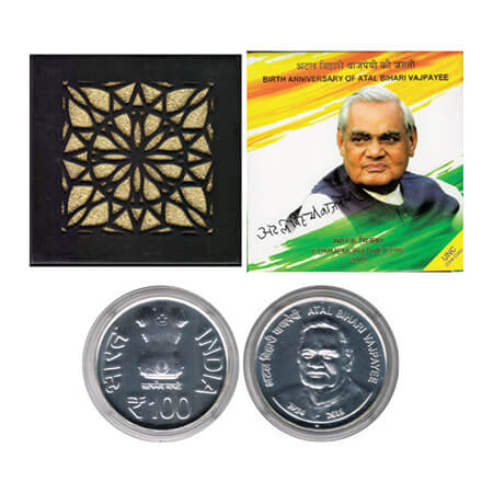 2018, Silver (50 %), Birth Anniversary of Atal Bihari Vajpayee, Unc coin of 100 Rupees, Mu