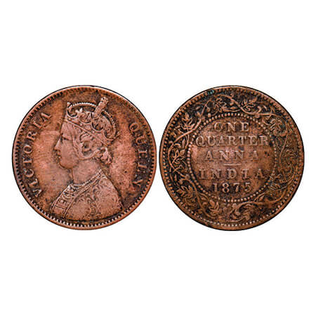 Victoria Queen, Copper, Quarter Anna, 1875, Bombay Mint, A/I, No mint mark. GK 824. Very F