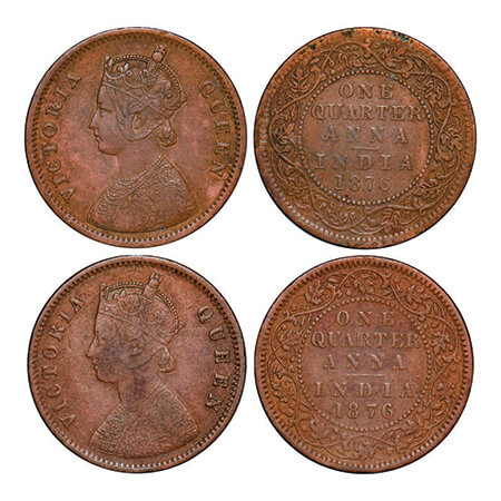 Victoria Queen, Copper, Quarter Anna, (2 coins), 1876, 1) Bombay Mint, A/I, No mint mark, 