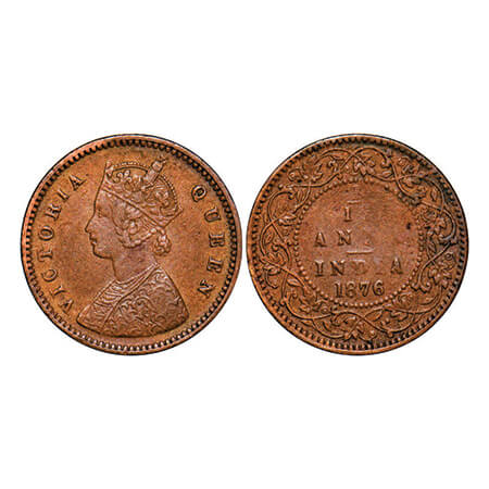 Victoria Queen, Copper, 1/12 Anna, 1876, Calcutta Mint, Obv A, No mint mark. GK 888. Extre