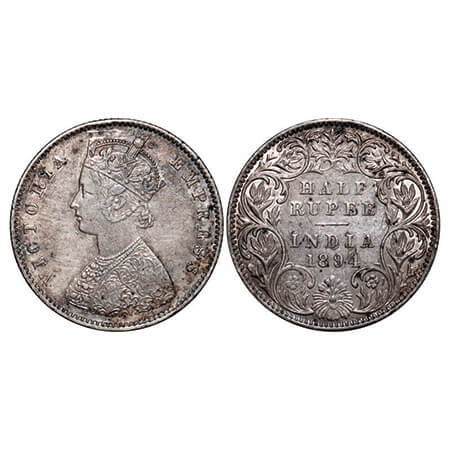 Victoria Empress, Silver, Half Rupee, 1894, Bombay Mint, A/I, 'B' incused. GK 650. Very Fi