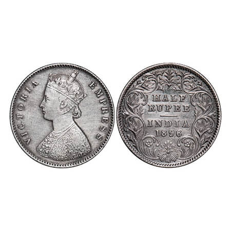 Victoria Empress, Silver, Half Rupee, 1896, Calcutta Mint, A/I, 'C' incused. GK 652.Very F