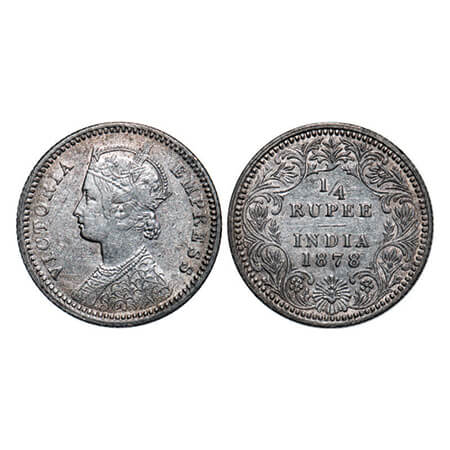 Victoria Empress, Silver, 1/4 Rupee, 1878, Calcutta Mint, C/II, No mint mark, No 'C'. GK 6