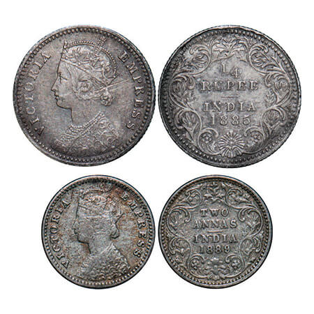 Victoria Empress, Silver, (2 coins), 1) 1/4 Rupee, 1885, Calcutta Mint, C/II, 'C' incused,