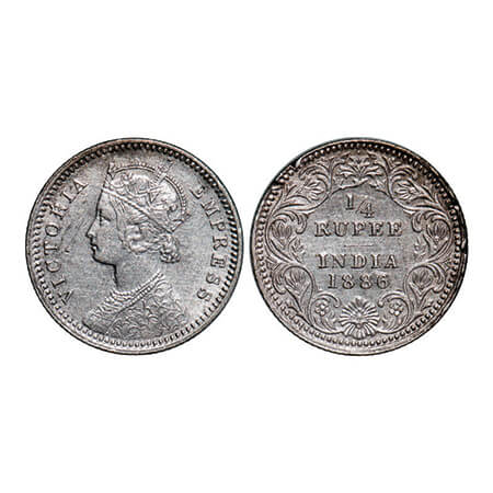 Victoria Empress, Silver, 1/4 Rupee, 1886, Calcutta Mint, C/II, 'C' incused, Edge nicks on
