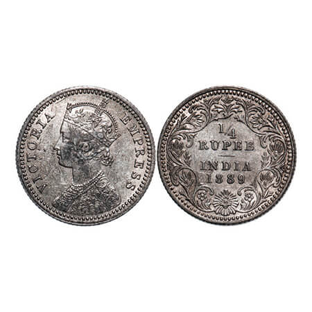 Victoria Empress, Silver, 1/4 Rupee, 1889, Calcutta Mint, C/II, 'C' incused. GK 716. About
