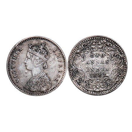 Victoria Empress, Silver, 2 Annas, 1881, Bombay Mint, A/II, Dot. GK 756. Very Fine+. Scarc