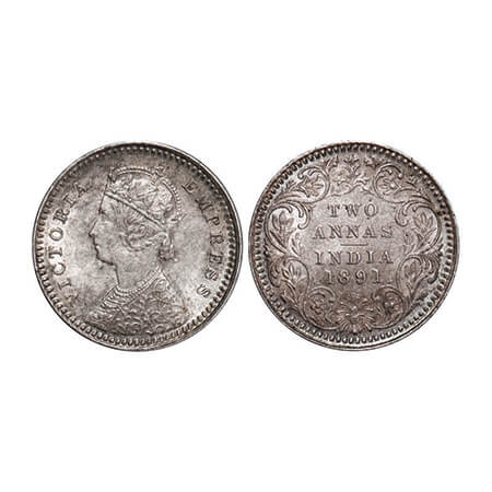 Victoria Empress, Silver, 2 Annas, 1891, Calcutta Mint, B/II, 'C' incused. GK 795. Uncircu