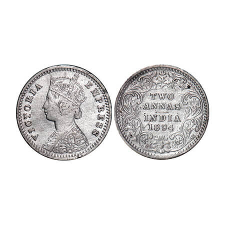 Victoria Empress, Silver, 2 Annas, 1894, Bombay Mint, B/II, 'B' incused. GK 801. Very Fine