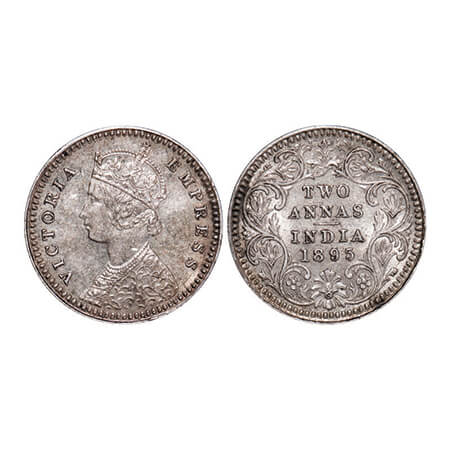 Victoria Empress, Silver, 2 Annas, 1895, Calcutta Mint, B/II, 'C' incused. GK 803. About U