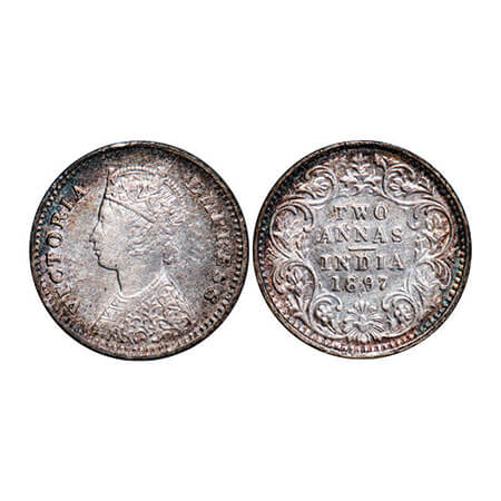 Victoria Empress, Silver, 2 Annas, 1897, Bombay Mint, B/II, 'B' incused. GK 806. Very Fine