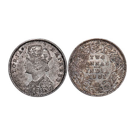 Victoria Empress, Silver, 2 Annas, 1901, Calcutta Mint, B/II, 'C' incused, Die crack on Ob