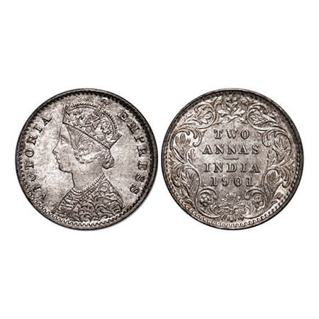 Victoria Empress, Silver, 2 Annas, 1901, Calcutta Mint, B/II, 'C' incused. GK 817. About U