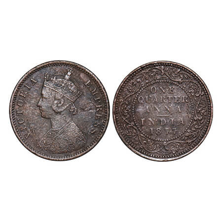 Victoria Empress, Copper, Quarter Anna, 1877, Bombay Mint, B/I, No mint mark. GK 828. Very