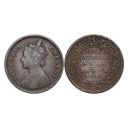 Victoria Empress, Copper, Quarter Anna, 1877, Bombay Mint, B/I, No mint mark. GK 828. Very