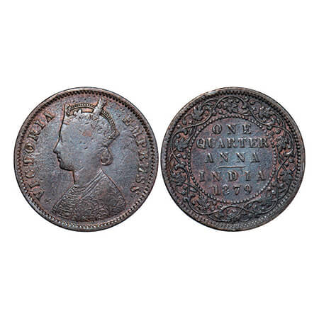 Victoria Empress, Copper, Quarter Anna, 1879, Calcutta Mint, B/II, 'C' incused. GK 831. Ve