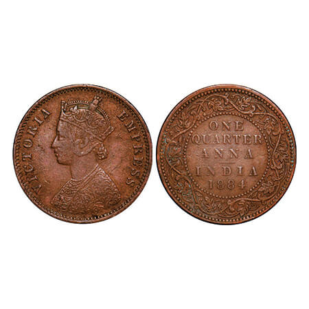 Victoria Empress, Copper, Quarter Anna, 1884, Bombay Mint, B/I, No mint mark. GK 838. Extr