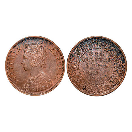 Victoria Empress, Copper, Quarter Anna, 1886, Bombay Mint, B/I, No mint mark. GK 841. Unci