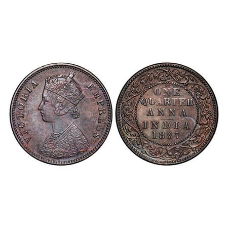 Victoria Empress, Copper, Quarter Anna, 1887, Bombay Mint, B/I, No mint mark. GK 843. Almo