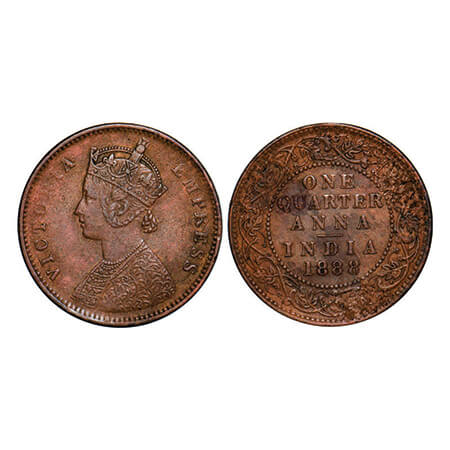 Victoria Empress, Copper, Quarter Anna, 1888, Bombay Mint, B/I, No mint mark. GK 845. Extr