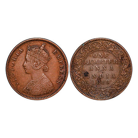 Victoria Empress, Copper, Quarter Anna, 1889, Bombay Mint, B/I, No mint mark. GK 847. Extr