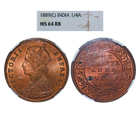 Victoria Empress, Copper, Quarter Anna, 1889, Calcutta Mint, B/II, No mint mark. GK 848. N