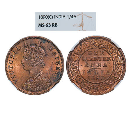 Victoria Empress, Copper, Quarter Anna, 1890, Calcutta Mint, B/II, No mint mark. GK 849. N