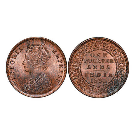 Victoria Empress, Copper, Quarter Anna, 1891, Calcutta Mint, B/II, No mint mark. GK 850. B