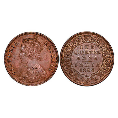 Victoria Empress, Copper, Quarter Anna, 1894, Calcutta Mint, B/II, No mint mark. GK 853. E