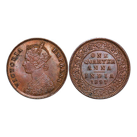 Victoria Empress, Copper, Quarter Anna, 1897, Calcutta Mint, B/II, No mint mark. GK 856. U