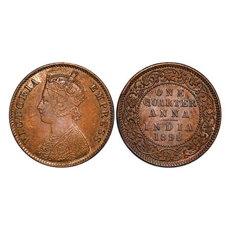 Victoria Empress, Copper, Quarter Anna, 1898, Calcutta Mint, B/II, No mint mark. GK 857. V
