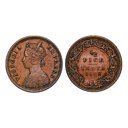 Victoria Empress, Copper, 1/2 Pice, 1888, Calcutta Mint, A/I, No mint mark. GK 868. Extrem