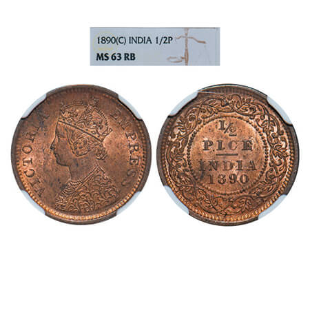 Victoria Empress, Copper, 1/2 Pice, 1890, Calcutta Mint, A/I, No mint mark. GK 870. NGC Sl