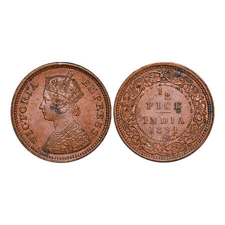 Victoria Empress, Copper, 1/2 Pice, 1894, Calcutta Mint, A/I, No mint mark. GK 874. Uncirc