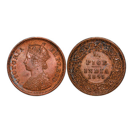 Victoria Empress, Copper, 1/2 Pice, 1895, Calcutta Mint, A/I, No mint mark. GK 875. Uncirc