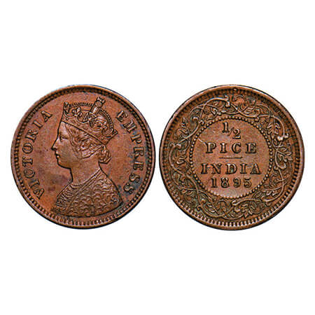 Victoria Empress, Copper, 1/2 Pice, 1895, Calcutta Mint, A/I, No mint mark, Ghost on Rev. 