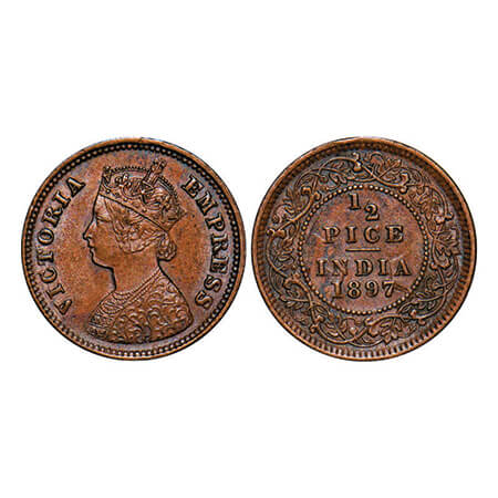 Victoria Empress, Copper, 1/2 Pice, 1897, Calcutta Mint, A/I, No mint mark, Ghost on Rev. 