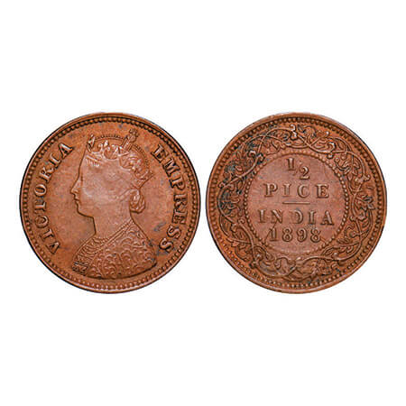 Victoria Empress, Copper, 1/2 Pice, 1898, Calcutta Mint, A/I, No mint mark, Ghost on Rev, 