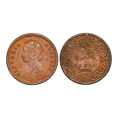 Victoria Empress, Copper, 1/12 Anna, 1878, Calcutta Mint, Obv B, No mint mark. GK 891. Ver