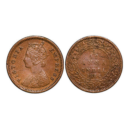 Victoria Empress, Copper, 1/12 Anna, 1884, Bombay Mint, Obv A, No mint mark. GK 898. Extre