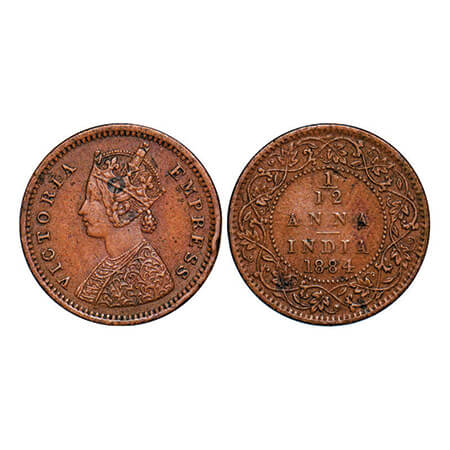Victoria Empress, Copper, 1/12 Anna, 1884, Bombay Mint, Obv A, No mint mark. GK 898. Extre