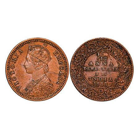 Dewas Senior, Copper 1/12 Anna, 2.20g, Narayan Rao (c. 1864-1892 AD), Crowned bust of Vict