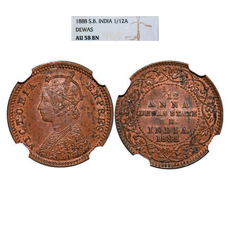 Dewas Senior, Copper 1/12 Anna, Narayan Rao (c. 1864-1892 AD), Crowned bust of Victoria on