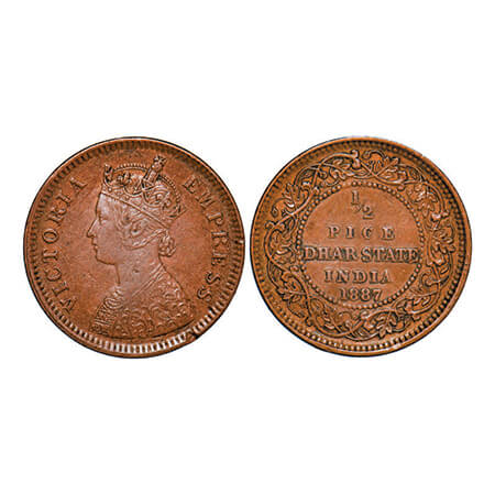 Dhar, Copper ½ Pice, 2.87g, Anand Rao III, AD 1887, bust of Victoria Empress on obv. KM 12