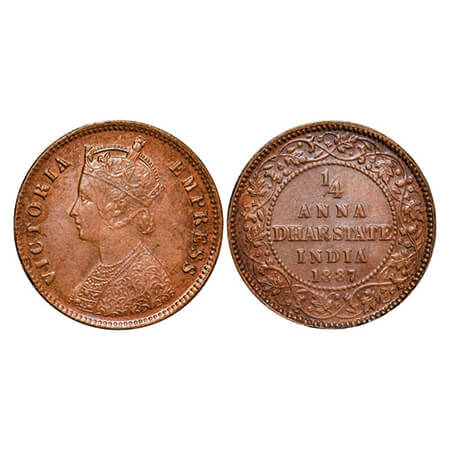 Dhar, Copper ¼ Anna, 6.44g, Anand Rao III (1860-1898 AD), 1887 AD, bust of Victoria Empres