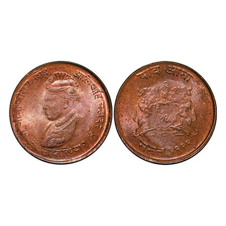 Gwalior, Copper ¼ Anna, 2.74g, Jivaji Rao, Bust of Jivaji Rao on obv, VS 1999 (1942). KM 1