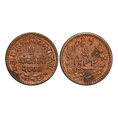 Kutch, Copper Trambiyo, 2.74g, Vijayarajji, INO George VI, VS 2000/1944 AD. Rajgor 263.3. 