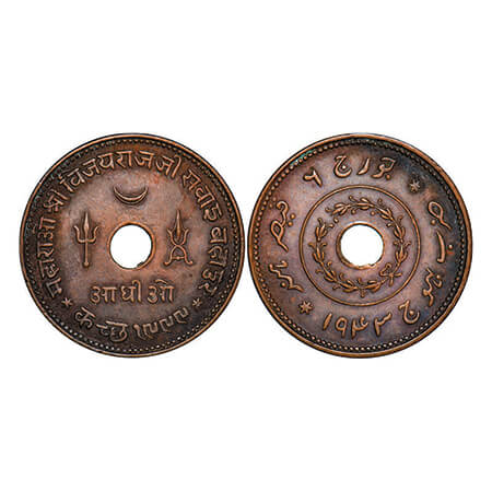 Kutch, Copper Adhio,16.78g, Vijayrajji, INO George VI. VS 1999/1943 AD. Rajgor. 267.1. Ver