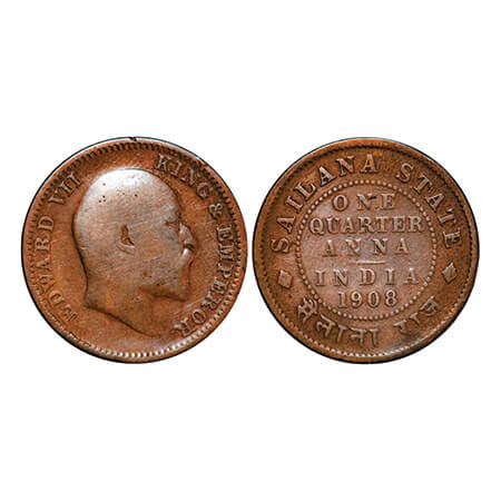 Sailana, Copper ¼ Anna, 4.41g, Jaswant Singh (1890-1919 AD), 1908 AD, bust of Edward VII o