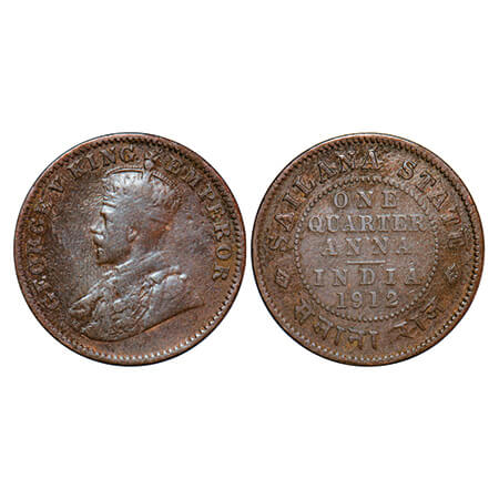 Sailana, Copper ¼ Anna, 4.78g, Jaswant Singh (1890-1919 AD), 1912 AD, bust of George V on 